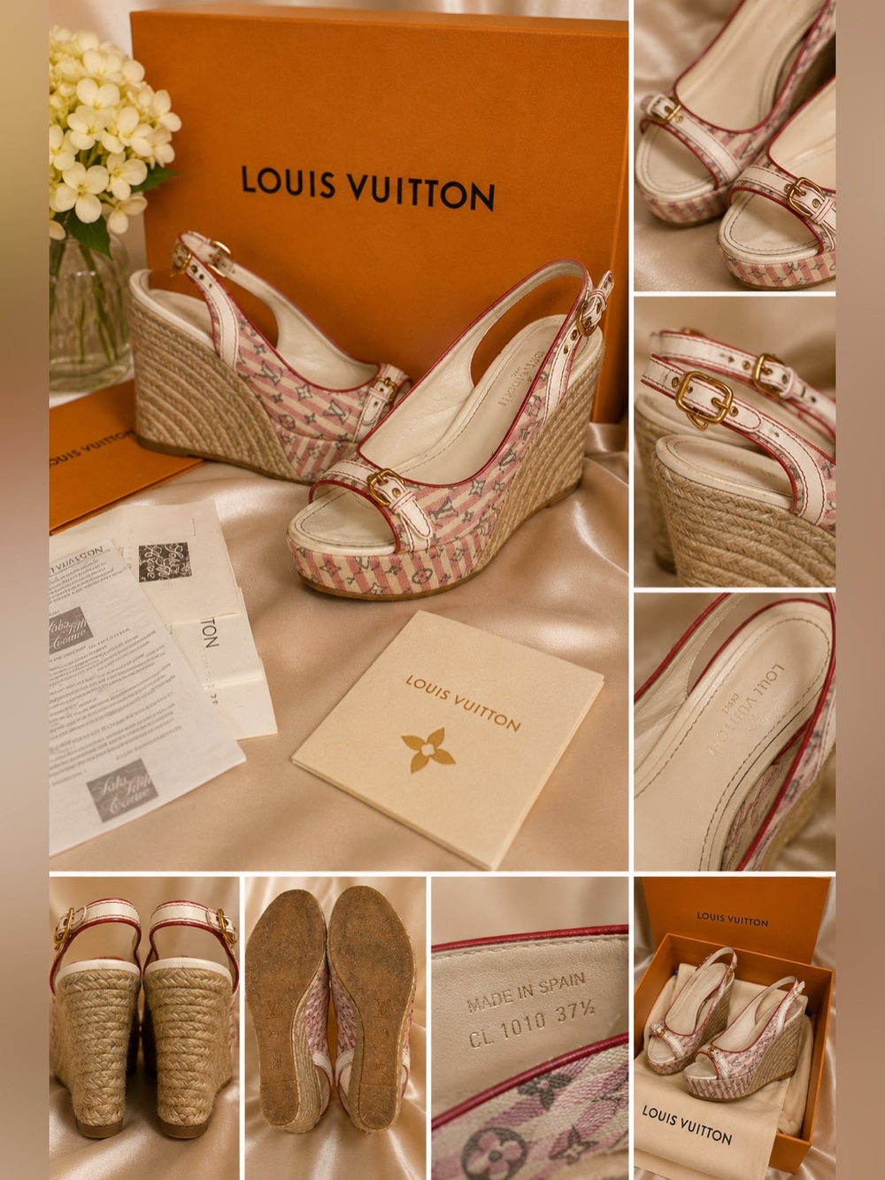 Louis Vuitton Women's Beige and Red Peep-Toe Slingback Heels